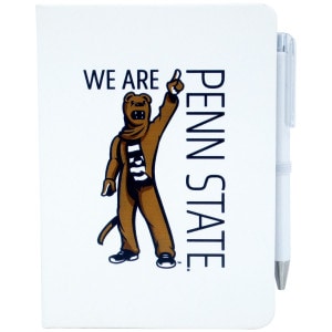 white journal with We Are Penn State and #1 mascot